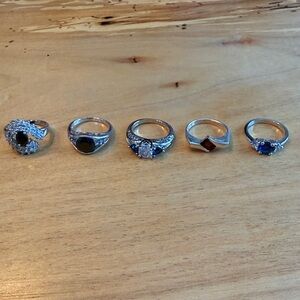 Elegant Silver and Black, Blue and Red Stone Rings Set